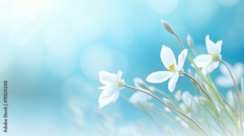 Spring snowdrops on blue background. First spring blooming Delicate Snowdrop flowers. Illustration for postcard, template, card. Copy Space. International happy womens day, 8 March, Mothers  concept..