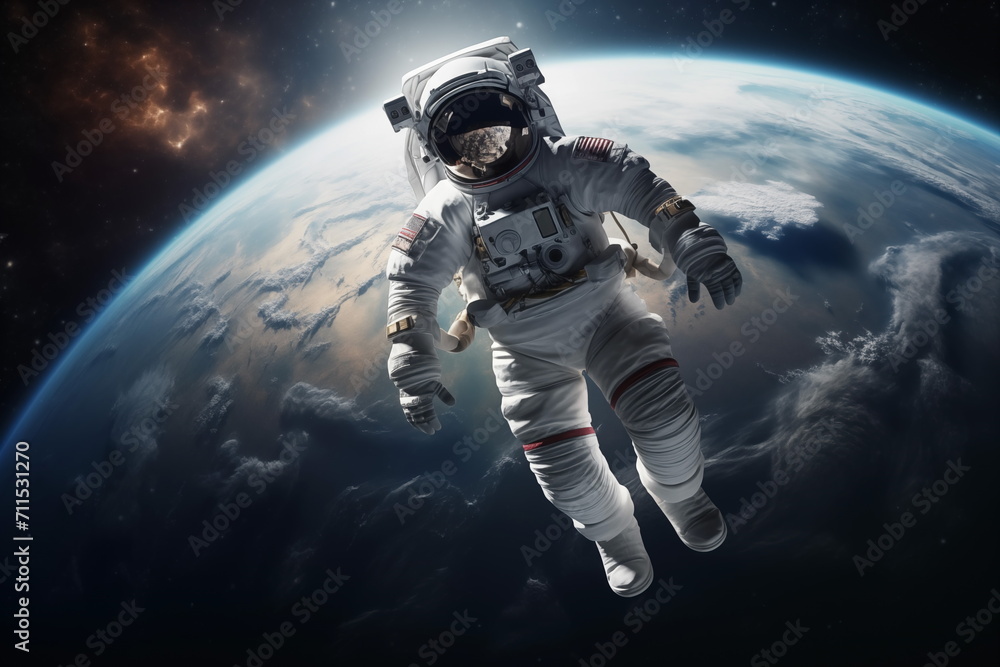 An astronaut floating in space, with a view of Earth in the background. Astronaut in outer space over the planet Earth. Generated AI. An astronaut floating in space, with a view of Earth in the background. Astronaut in outer space over the planet Earth. Generated AI.