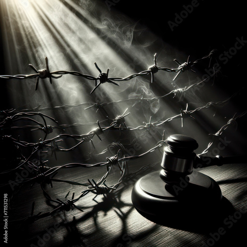 justice barbed wire on a black background dramatic light. ai generative photo