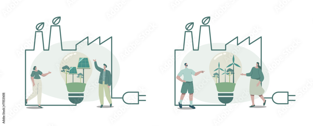Set of eco friendly and sustainable development, Solar panels and wind turbines in light bulbs with green plants in lines, ecological concept, Conservation of nature and the environment on earth. Set of eco friendly and sustainable development, Solar panels and wind turbines in light bulbs with green plants in lines, ecological concept, Conservation of nature and the environment on earth.