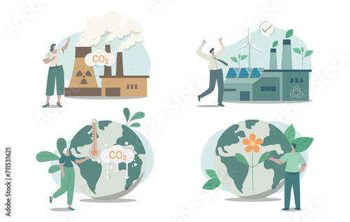 Set of climate change problem concepts. Eco friendly sustainable, Power plant emission pollution CO2 and sustainable clean factory with renewable energy. Vector design illustration.