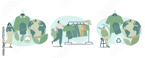 Set of eco friendly clothing sustainable, People choose to buy recycled textiles, recycling and environmental care concepts regarding fashion. Vector design illustration.