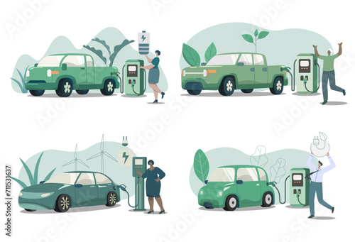 Set of electric car electric pickup with electric charging station, Eco friendly sustainable, Clean green energy from renewable sources, Concept of caring for the environment on earth. Vector design.
