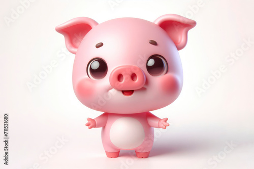 little cute happy pink piggy 3d character with bulging eyes on solid white background. ai generative