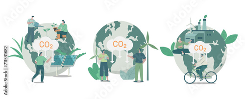 Set of climate change problem concepts. Environmentally friendly and sustainable development, Concept of reducing the amount of carbon dioxide, Vector design illustration.