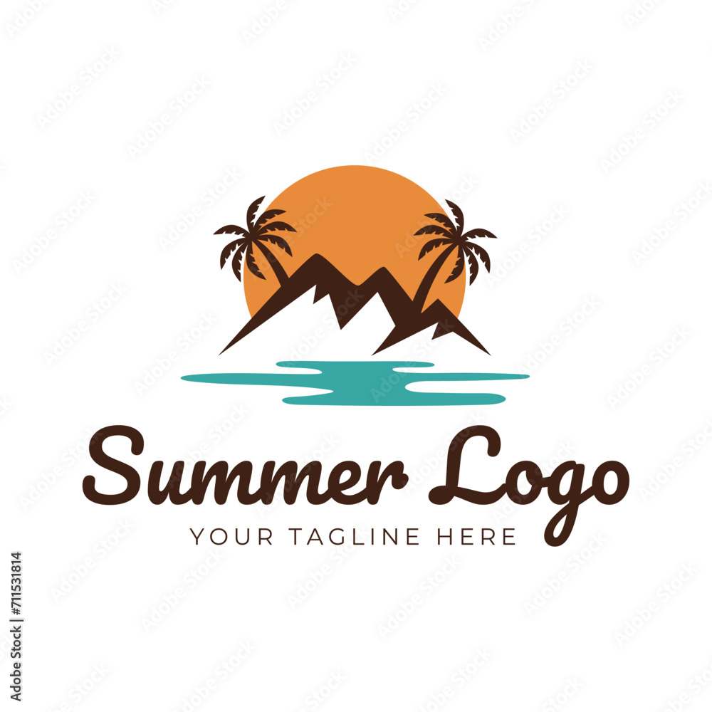 summer beach logo vector illustration. Sunset summer beach logo Vector summer beach logo vector illustration. Sunset summer beach logo Vector