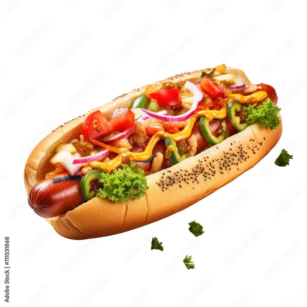 Delicious hot dog with juicy sausage isolated on transparent background Delicious hot dog with juicy sausage isolated on transparent background