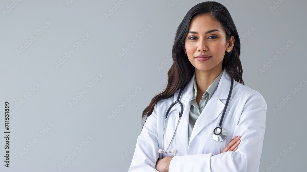 Confident Female Doctor with Stethoscope on Grey Background Confident Female Doctor with Stethoscope on Grey Background