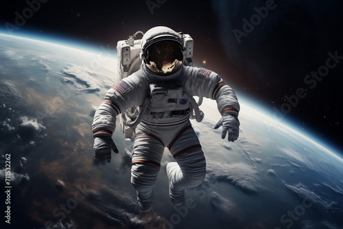 An astronaut floating in space, with a view of Earth in the background. Astronaut in outer space over the planet Earth. Generated AI.