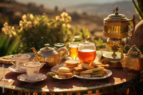 Moroccan Tea Time: Amidst the Rugged Landscape of the Atlas Mountains, a Table Arrangement Showcases a Traditional Moroccan Tea Set, Refreshing Mint Tea, and Sweet Pastries. 