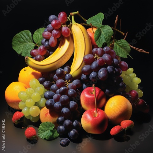  Realistic Dessert Fruit Black Grapes banana oranges and apples. 