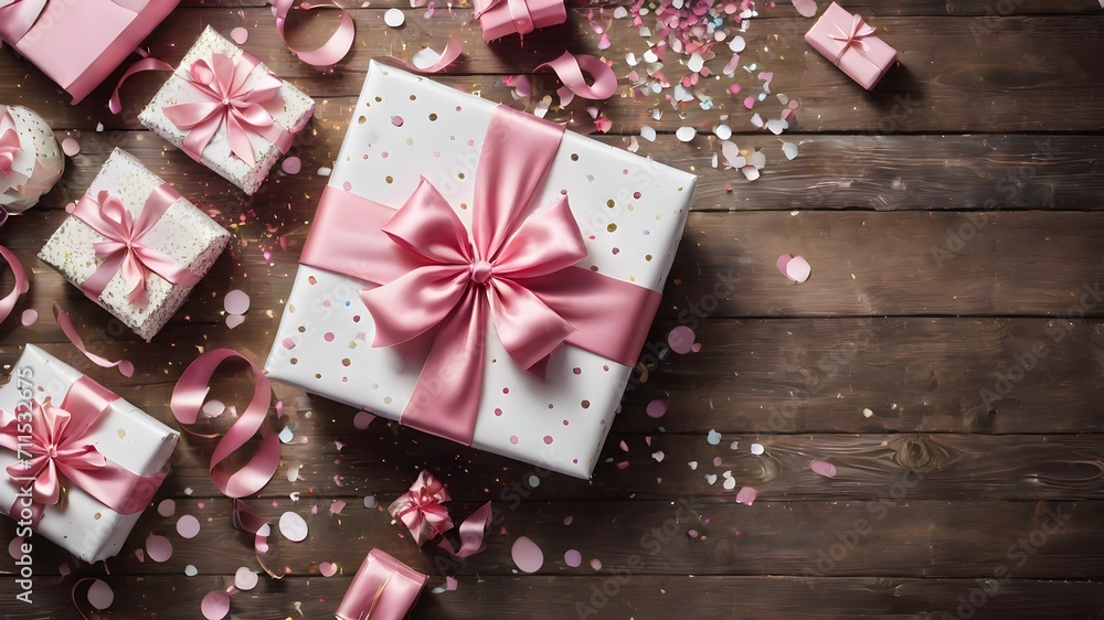 White gifts wrapped in pink ribbon sprinkled with confetti on a wooden background White gifts wrapped in pink ribbon sprinkled with confetti on a wooden background