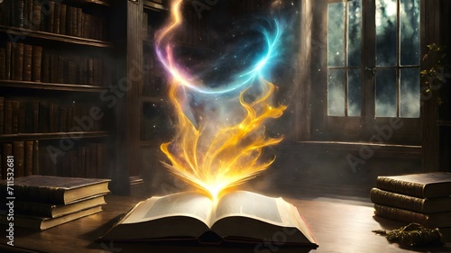 A magical light, a mystical glow emanates from an open book lying on the table in vintage house. Magic book 