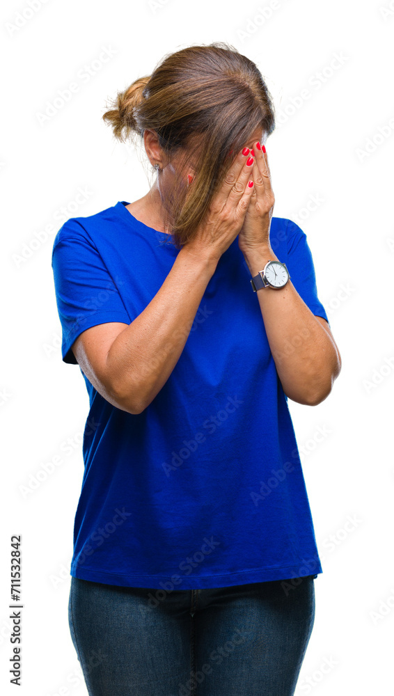Middle age senior hispanic woman over isolated background with sad expression covering face with hands while crying. Depression concept. Middle age senior hispanic woman over isolated background with sad expression covering face with hands while crying. Depression concept.