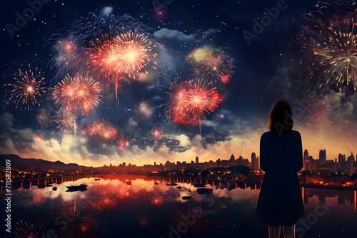 Night landscape. Fireworks over a pond and mountains. Night festive fireworks.