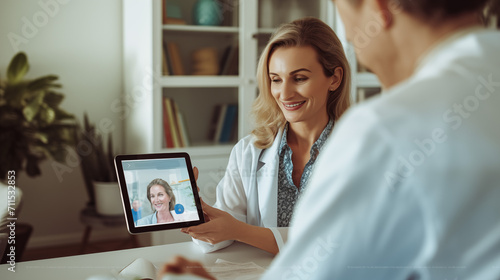 a young woman's home as she engages in a video chat with her doctor on a tablet