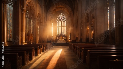 Catholic christians church view at a  sunrise  sunrise light leak in a church praying