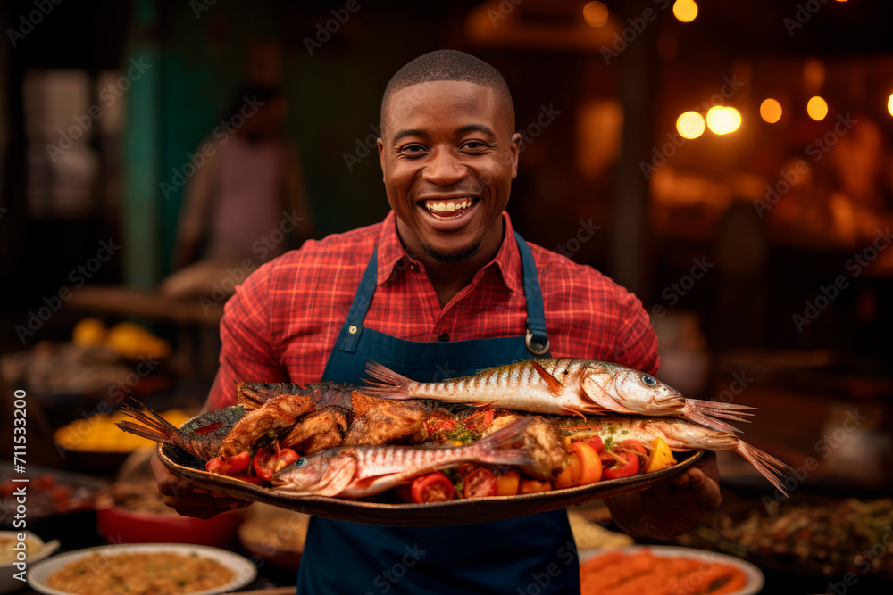 Grilled Seafood Charm: In Luanda, Angola, a Chef Delights in Grilling Fish in an Open-Air Restaurant, Infusing the Atmosphere with Good Disposition and Barbecue Bliss - obrazy, fototapety, plakaty 