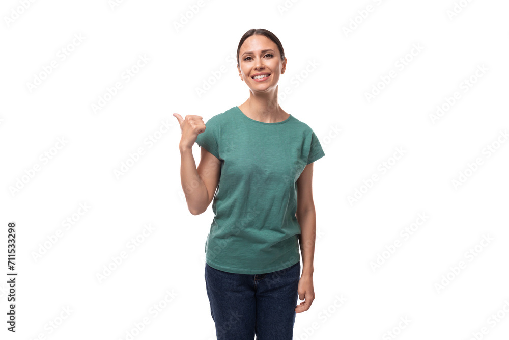 young slender woman dressed in a green basic straight cut t-shirt with space for branding print young slender woman dressed in a green basic straight cut t-shirt with space for branding print