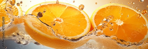 Orange slices in a splash of water and orange juice on a light background, banner