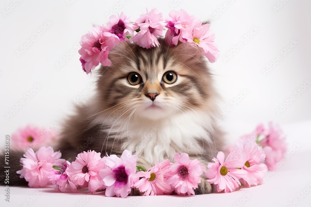 cute fluffy tabby kitten with pink flowers on a white background