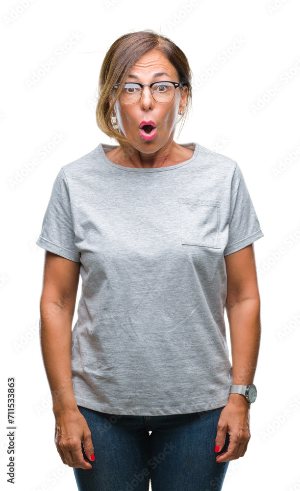 Middle age senior hispanic woman wearing glasses over isolated background afraid and shocked with surprise expression, fear and excited face. Middle age senior hispanic woman wearing glasses over isolated background afraid and shocked with surprise expression, fear and excited face.