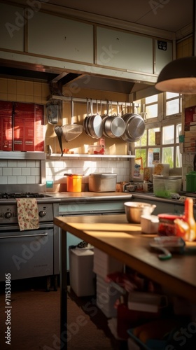 Empty school or university kitchen with large windows and cooking utensils © Henryzoom