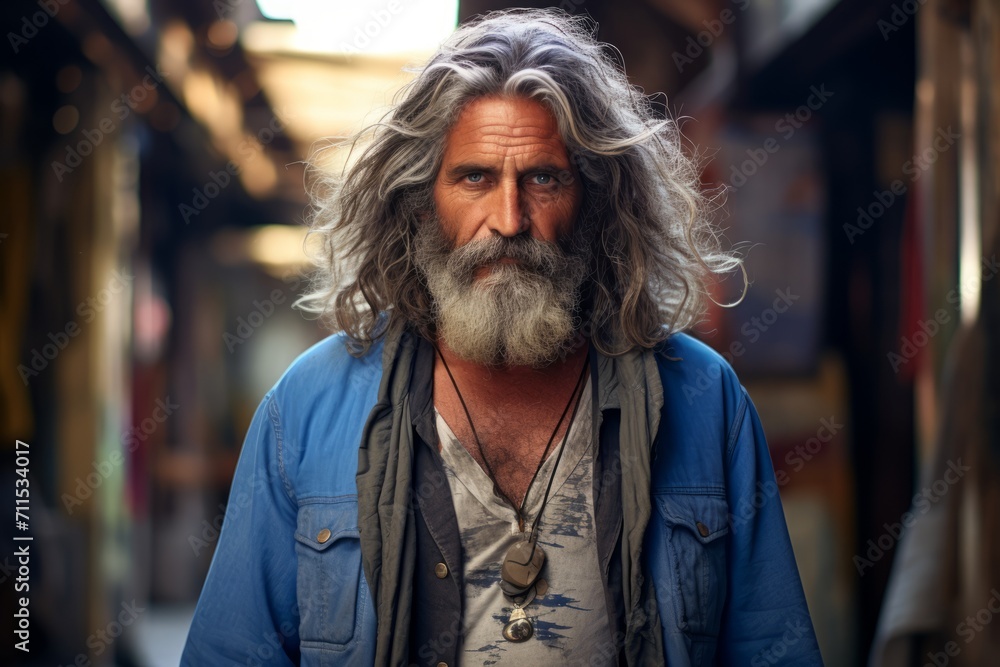 Portrait of an old man with long gray hair and beard in the city streets