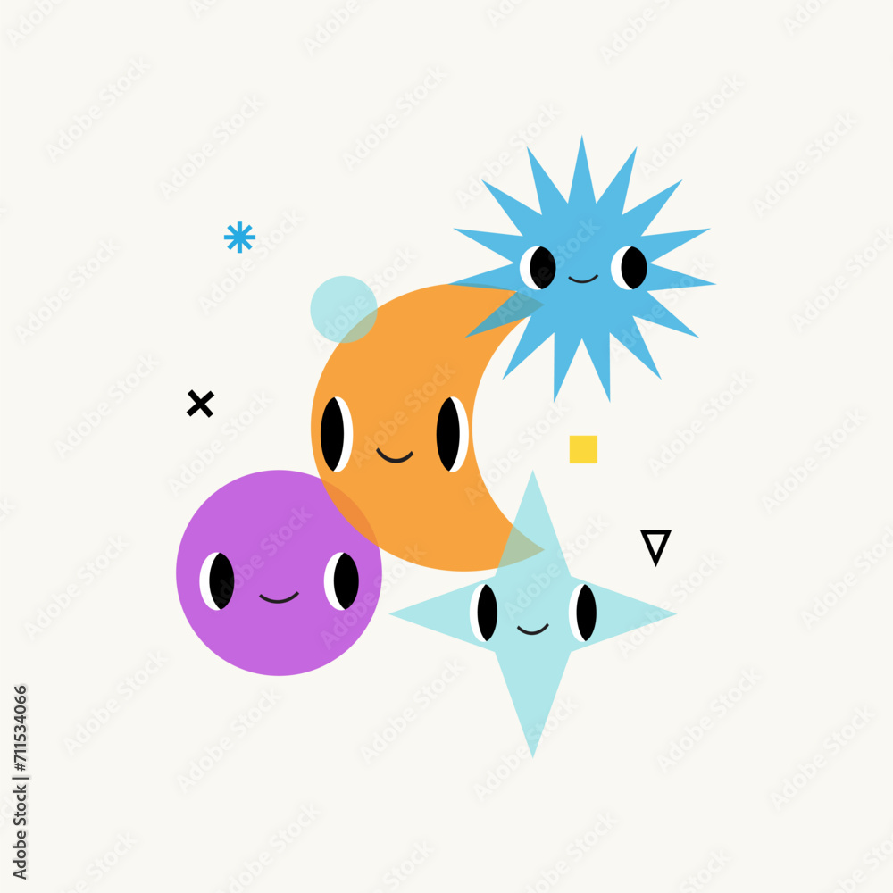 Naklejka premium Funny geometry composition: banner, poster, card. Cute abstract shapes with emotions. Happy kawaii faces. Cute hand drawn flat elements for kid goods. Vector vibrant colorful cartoon characters