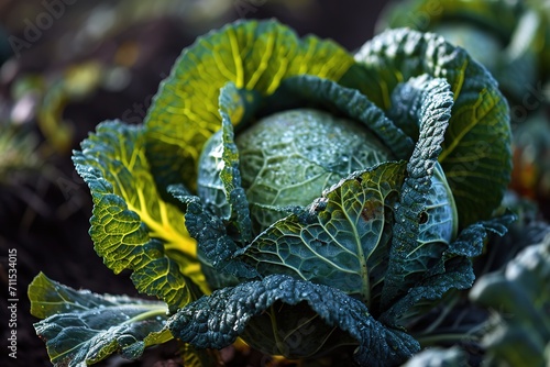 closeup of organic cabbage head and leaves growing in a garden bed