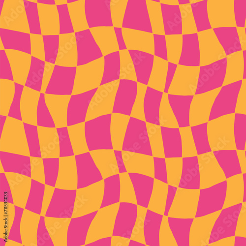 Pink and orange checkerboard seamless pattern. Retro groovy waves. Geometry. Y2K 90s 00s psychedelic texture for textile, paper, fabric. Twisted check vector. Simple abstract hypnotic surface