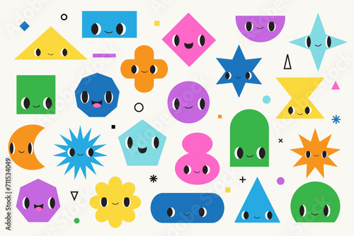 Funny geometry set. Cute abstract shapes with emotions. Happy faces. Cute hand drawn flat elements. concept for kids goods. Vector vibrant colorful collection. Playful cartoon characters