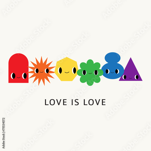 Cute rainbow geometry composition: banner, poster, card with text. Abstract shapes with emotions. Happy faces. Hand drawn flat elements. Diversity, love, LGBT, pride concept. Vector cartoon characters