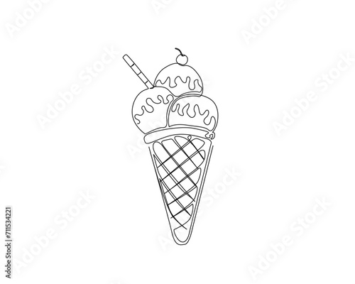 Continuous one line drawing of ice cream with cherry. Ice cream gelato outline vector illustration. Editable stroke.
