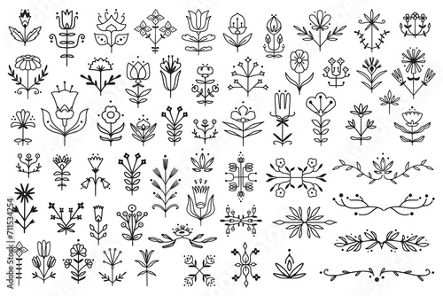 Big set of folk style linear simmetrical flowers. Simple hand drawn outline doodle illustration. Stylized decorative floral elements for tatoo, stationery, cards. Traditional decor. Vector botany set