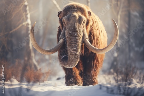 Woolly mammoth walking in a winter snowy forest