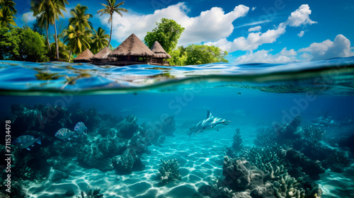 Tropical Beauty and Danger: Witness the Graceful Movement of Blacktip Reef Sharks in the Warm Pacific Waters Around Bora Bora, Providing a Breathtaking Glimpse of the Island's Underwater Majesty 