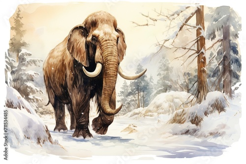 watercolor illustration of woolly mammoth walking in winter snowy forest