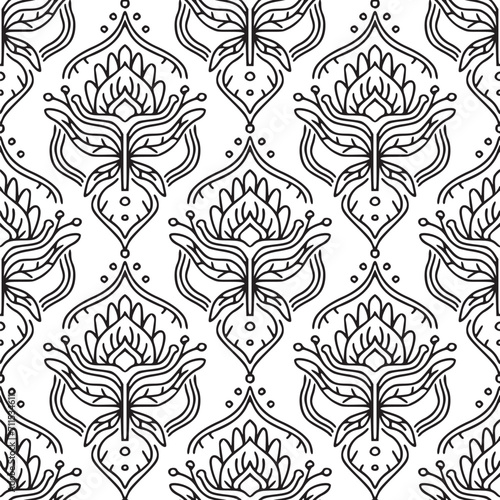 Ethnic ornament seamless pattern. Hand drawn linear geometric and floral elements. Vector line art  texture with indian folk motif for fabric  meditation concept  yoga textile