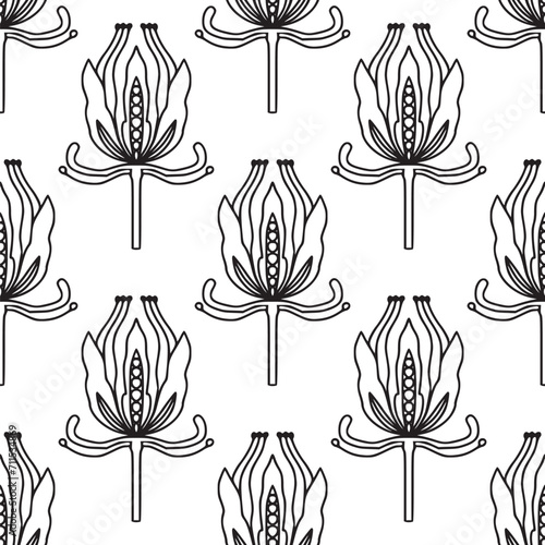 Simple seamless pattern with folk linear flowers. Black and white. Vintage, retro style texture for textile, fabric, home decor, wallpaper. Abstract bohemian line art background. Stylized florals