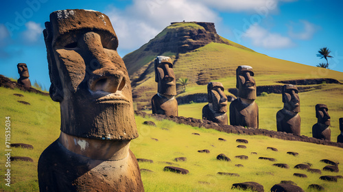 Background illustration of moai statues under a clear blue sky photo