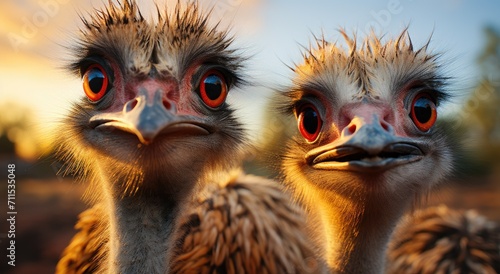 Two striking ostriches with fiery red eyes stand tall, their feathered wings ready to take flight in the vast wilderness © familymedia
