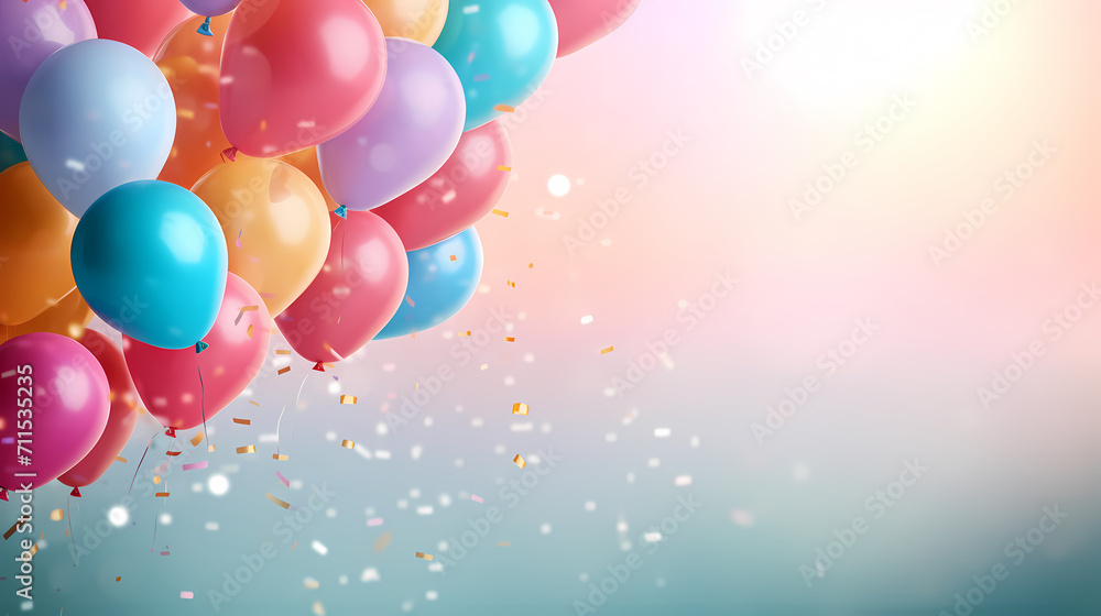 Holiday background with colorful balloons, confetti and ribbons. Holiday greeting card for birthday party, anniversary, New Year, Christmas or other events Holiday background with colorful balloons, confetti and ribbons. Holiday greeting card for birthday party, anniversary, New Year, Christmas or other events