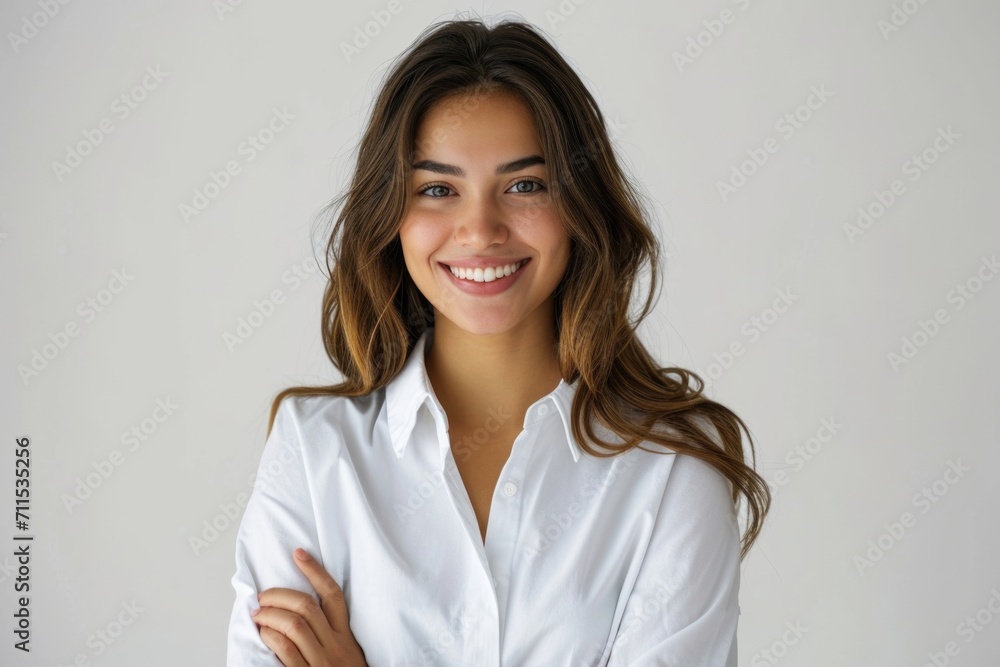 Confident brunette business woman student with folded arms. Confident brunette business woman student with folded arms.