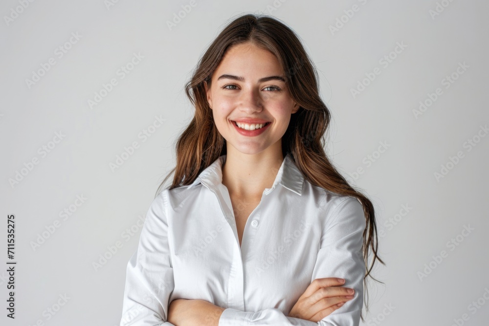 Confident brunette business woman student with folded arms. Confident brunette business woman student with folded arms.