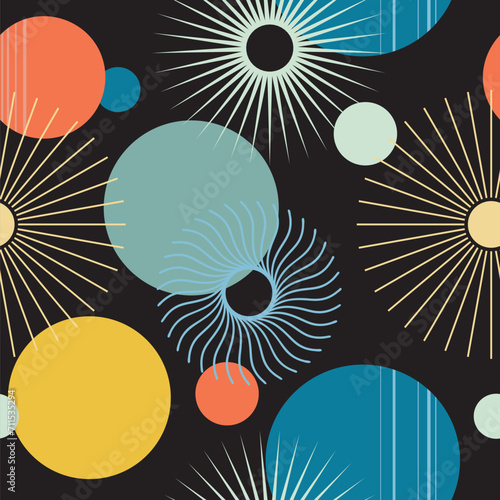 Geometric simple mid century seamless pattern with circles and stars on black. Vintage, retro style texture for  textile, fabric, home decor, wallpaper. Bohemian  background