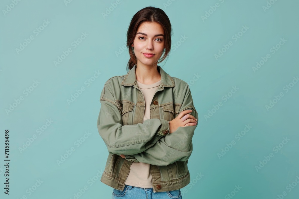 Satisfied lady in khaki clothes stands confidently Satisfied lady in khaki clothes stands confidently