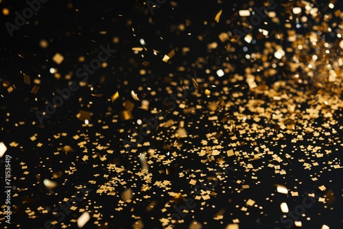 Festive gold confetti texture on black background.