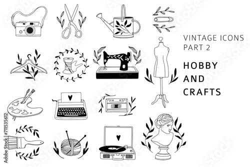 Vintage line art hobby and craft set: sewing machine, knitting, camera, art supplies. Linear icons with floral elements for logo, brand design, tailor shop. Elegant bohemian outline vector collection