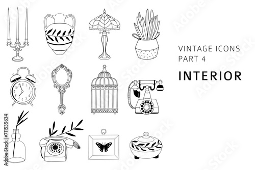 Vintage line art set of interior elements: vase, mirror, phone, cage, plant, candles, lamp. Linear icons with floral icons for logo, brand design. Elegant bohemian outline vector collection.